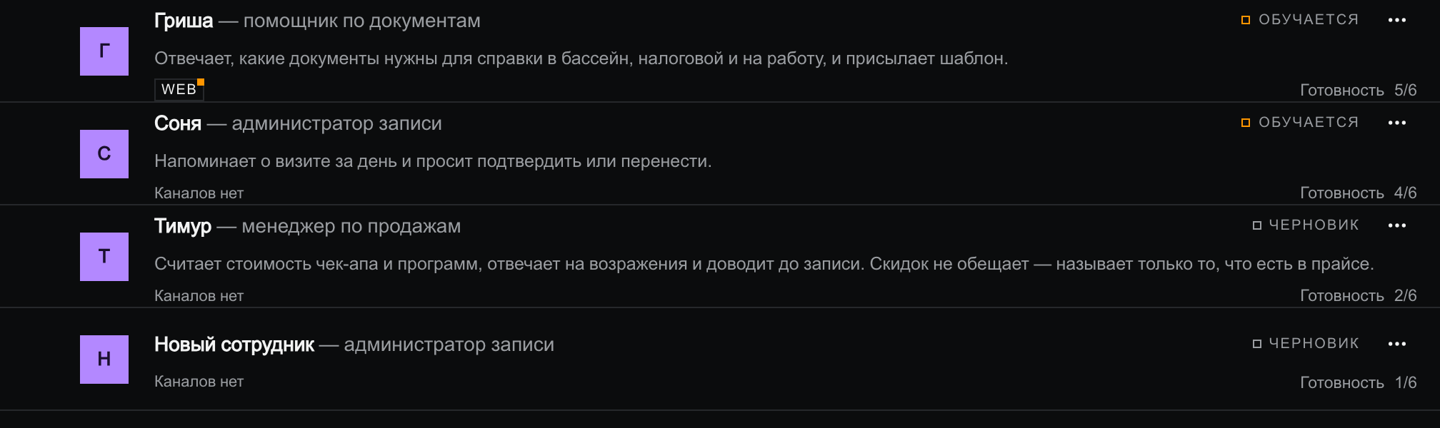 Экран «ИИ-сотрудники»: нанятый администратор записи в состоянии «Черновик», готовность 1 из 6