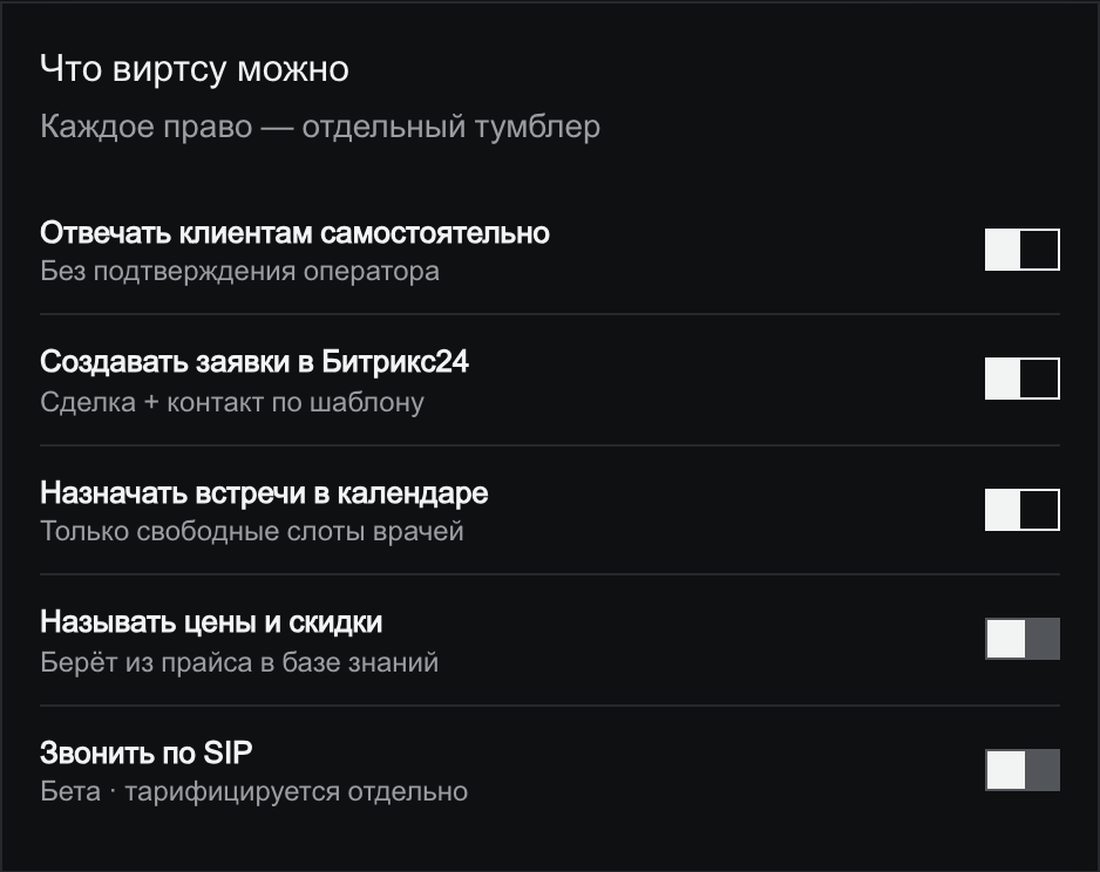 Тумблер права «Называть цены и скидки» переключается из выключенного положения во включённое