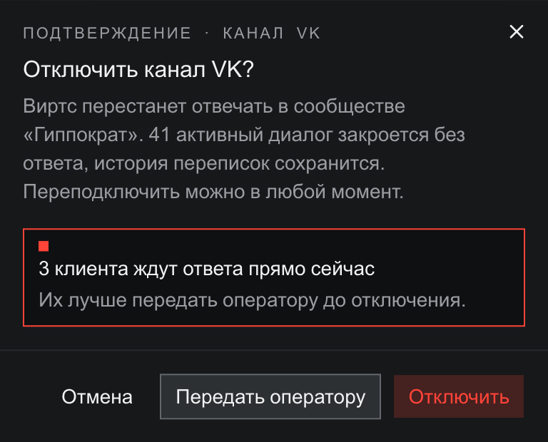 Диалог подтверждения «Отключить канал VK?»: виртс перестанет отвечать в сообществе «Гиппократ», 41 активный диалог закроется без ответа, история переписок сохранится. Красная плашка: 3 клиента ждут ответа прямо сейчас, их лучше передать оператору до отключения. Кнопки: Отмена, Передать оператору, Отключить