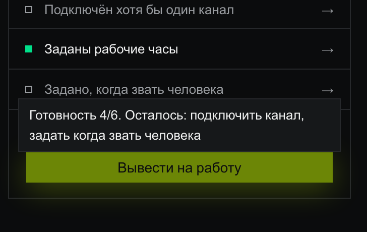 Подсказка над погашенной кнопкой «Вывести на работу»: «Готовность 4/6. Осталось: подключить канал, задать когда звать человека»