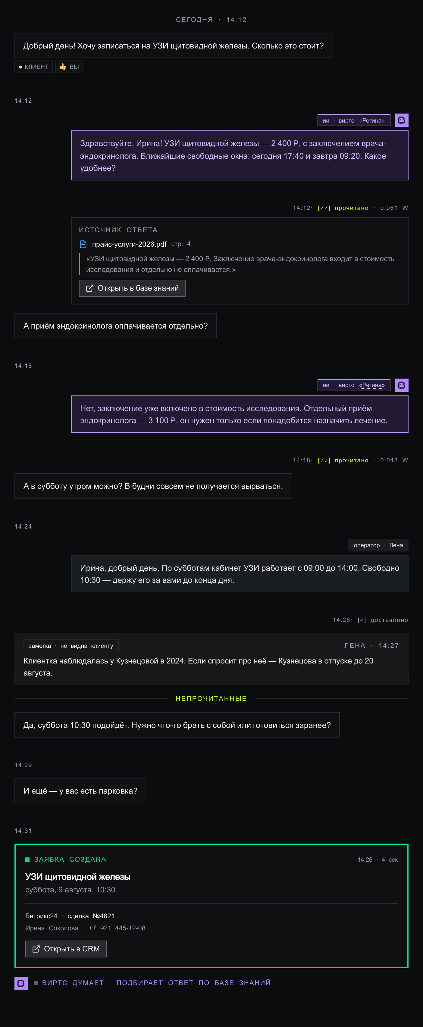 Лента переписки: сообщения клиента слева, ответы виртса фиолетовым с карточкой «Источник ответа», ответ оператора, заметка «не видна клиенту», разделитель «непрочитанные» и зелёная карточка «Заявка создана»
