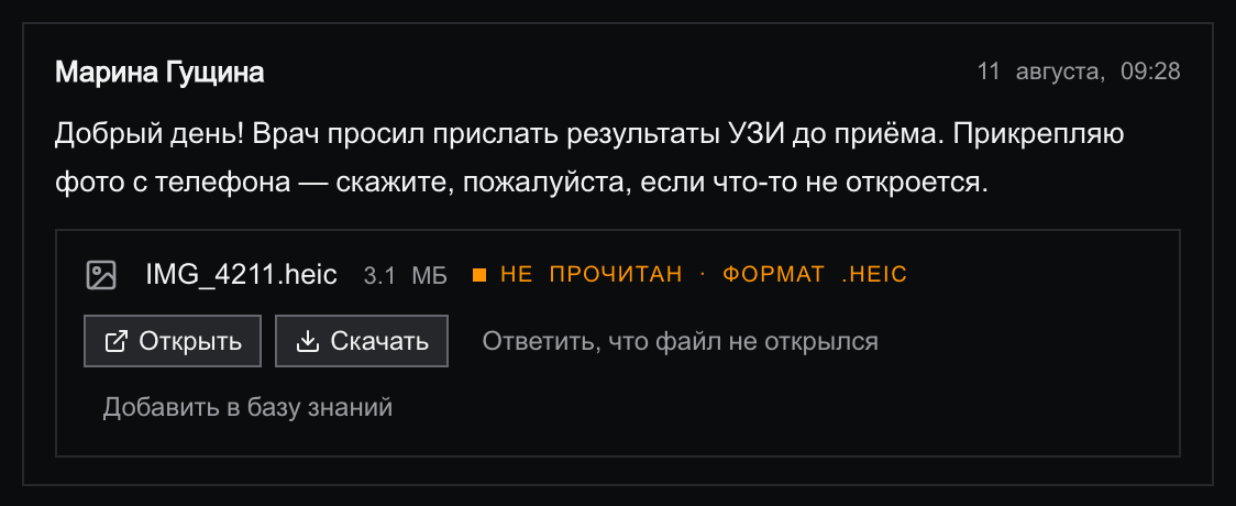 Письмо Марины Гущиной с вложением IMG_4211.heic на 3.1 МБ и оранжевой плашкой «НЕ ПРОЧИТАН · ФОРМАТ .HEIC», кнопки «Открыть», «Скачать», «Ответить, что файл не открылся» и «Добавить в базу знаний»