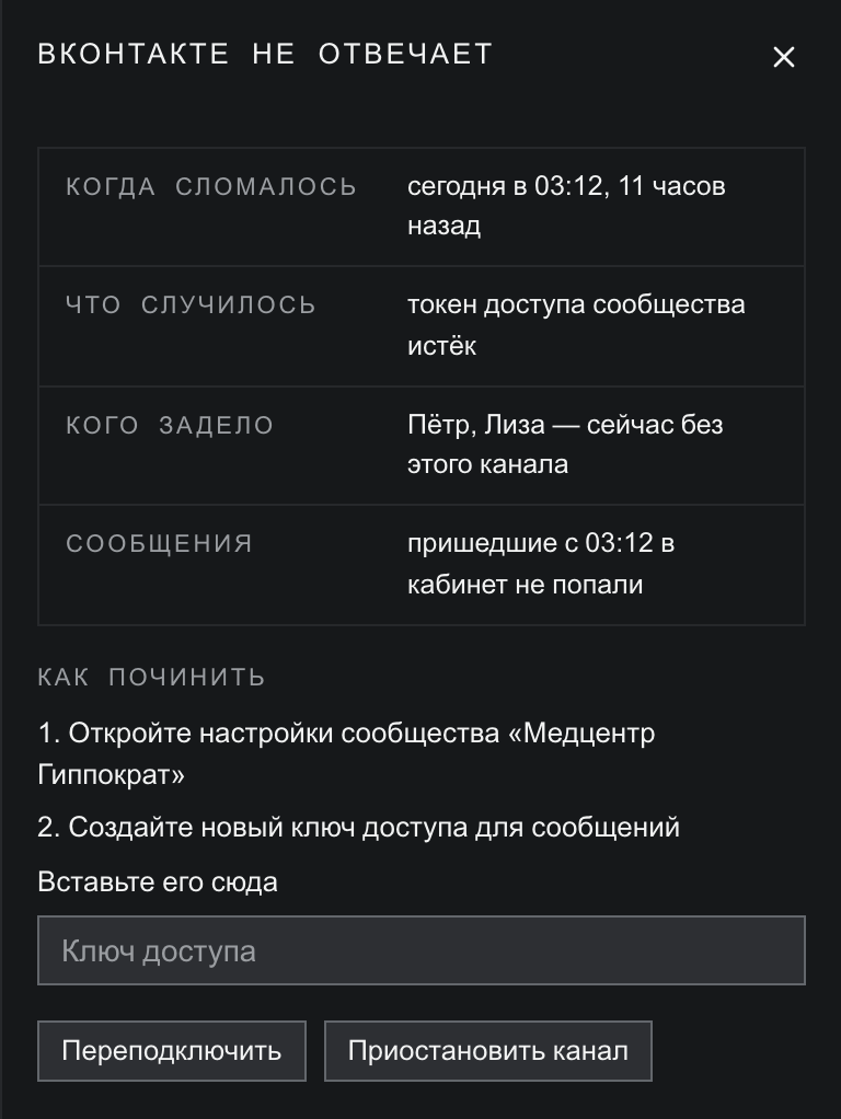Панель «ВКонтакте не отвечает»: строки «когда сломалось — сегодня в 03:12, 11 часов назад», «что случилось — токен доступа сообщества истёк», «кого задело — Пётр, Лиза — сейчас без этого канала», «сообщения — пришедшие с 03:12 в кабинет не попали»; ниже раздел «Как починить» с шагами про настройки сообщества и новый ключ, поле «Ключ доступа» и кнопки «Переподключить» и «Приостановить канал»