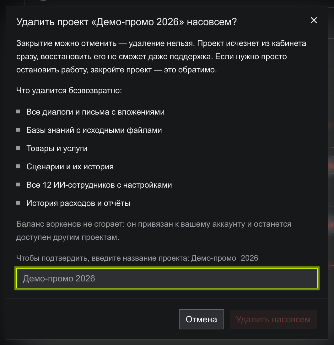Модалка «Удалить проект „Демо-промо 2026“ насовсем?»: абзац «Закрытие можно отменить — удаление нельзя…», список из шести пунктов что удалится безвозвратно, строка о том, что баланс воркенов не сгорает, поле «Чтобы подтвердить, введите название проекта» и погашенная красная кнопка «Удалить насовсем»