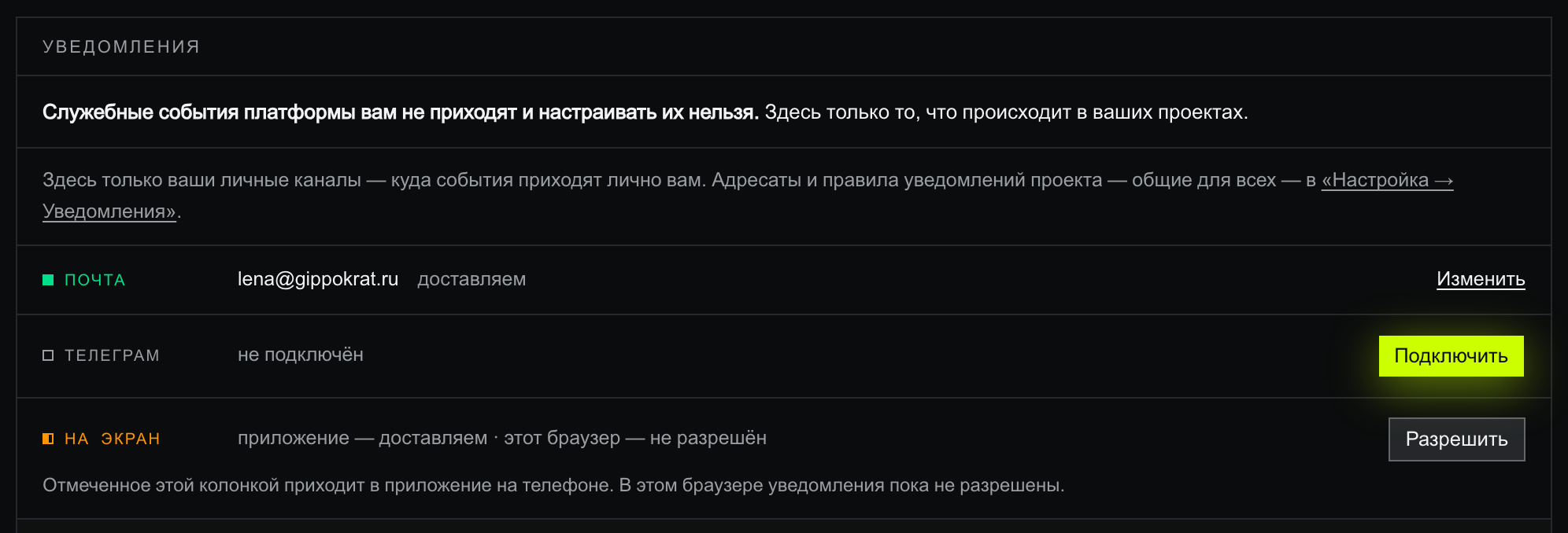 Верх таба «Уведомления»: строка «Служебные события платформы вам не приходят и настраивать их нельзя», плашка «Здесь только ваши личные каналы — куда события приходят лично вам. Адресаты и правила уведомлений проекта — общие для всех — в „Настройка → Уведомления“» и три канала: почта lena@gippokrat.ru (доставляем), телеграм (не подключён, лаймовая кнопка «Подключить»), на экран (приложение — доставляем, этот браузер — не разрешён, кнопка «Разрешить»)