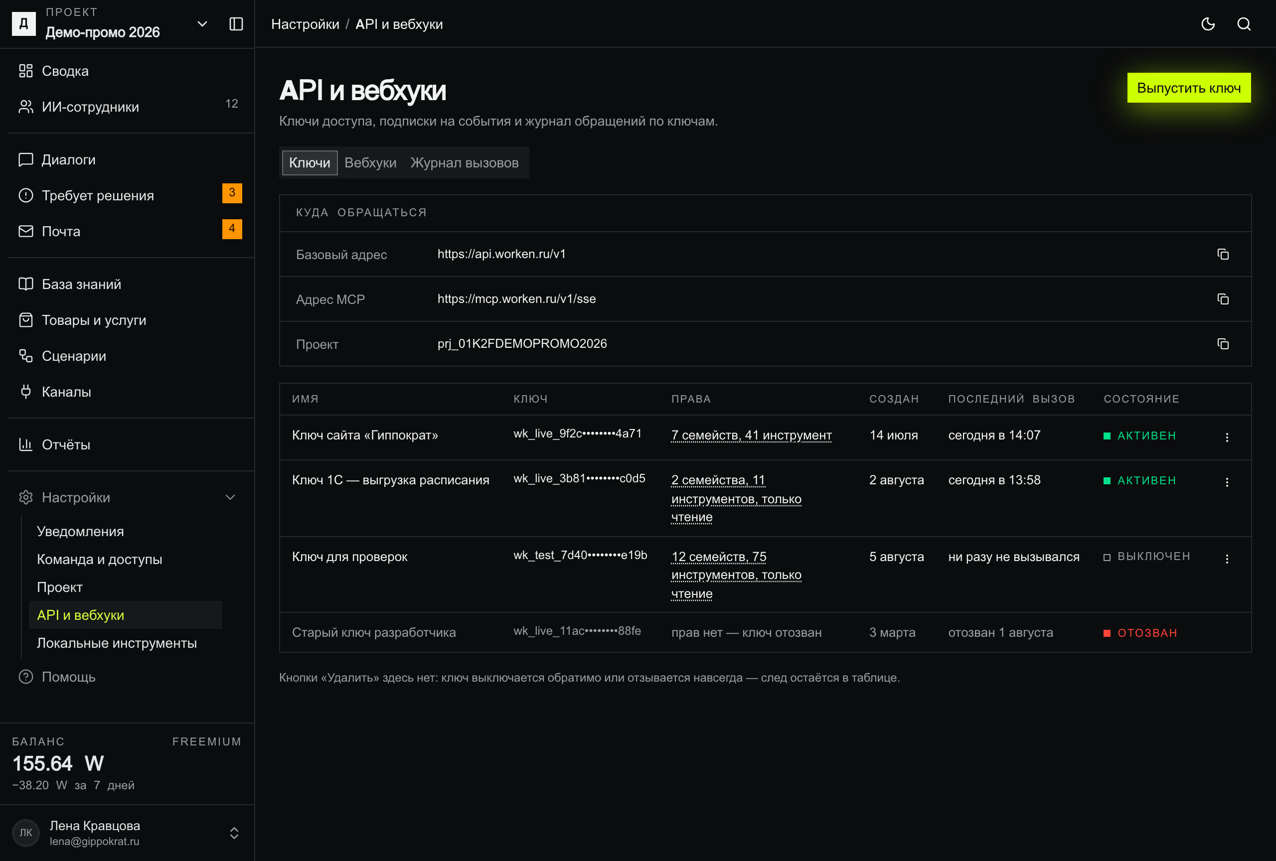 Вкладка «Ключи» экрана «API и вебхуки»: крошка «Настройки / API и вебхуки», лаймовая кнопка «Выпустить ключ» в шапке; блок «Куда обращаться» с тремя строками — базовый адрес https://api.worken.ru/v1, адрес MCP https://mcp.worken.ru/v1/sse, проект prj_01K2FDEMOPROMO2026, у каждой кнопка копирования; ниже таблица из четырёх ключей с колонками имя, ключ, права, создан, последний вызов, состояние — два АКТИВЕН, один ВЫКЛЮЧЕН, один ОТОЗВАН